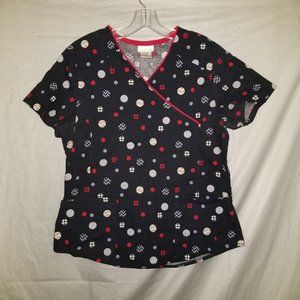 ScrubStar Womens M Black Red Circle Holiday Christmas Scrub Top V-Neck RN #93643